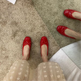 Retro Ultra-soft Women Shoes Spring Bow Red Flat Sole Single Shoe Leisure Leather Ballet MartLion   