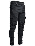 Jeans Men Pants Wash Solid Color Multi Pockets Denim Mid Waist Cargo Jeans MartLion Black XXXL Waist 96cm 