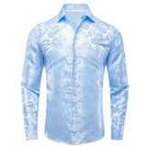 Hi-Tie Navy Royal Sky Blue Silk Men's Shirts Lapel Collar Long Sleeve Dress Shirt Jacquard Blouse Wedding MartLion PCY-1093 S 