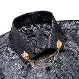 Dark Purple Men's Shirt Silk Long Sleeve Lapel Slim Fit Paisley Jacquard Shirt With Brooch Party Gift Hi-Tie MartLion CY-1001-XZ-0312 3XL 
