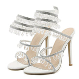 Liyke Design Crystal Gemstone Pendant Slip-On Ankle Strap Sandals Women Wedding Prom Shoes Open Toe Club Stripper Heels Mart Lion White 35 
