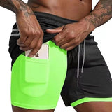 Men's Running Shorts Summer Sportswear Double-deck Short Pant 2 In 1 Training Workout Clothing Gym Fitness Sport Mart Lion Fluorescent Green M(50-65kg) 