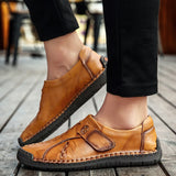 Genuine Leather Men's Casual Shoes Outdoor Walking Loafers Sneakers Leisure Vacation Soft Driving Mart Lion Yellow Brown 6 
