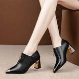 High Heels Bare Boots Women Shoes Square Black Zip Leather Ladies Metal Pointed Toe Pump Wedding Mart Lion   