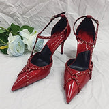 Liyke Style Vintage Rivet Women Pumps Red Leather Pointed Toe Buckle Strap Thin High Heels Summer Office Lady Shoes Mart Lion   