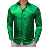 Luxury Shirts Men's Silk Satin Green Long Sleeve Slim Fit Blouses Button Down Collar Tops Breathable Clothing MartLion 0680 S 