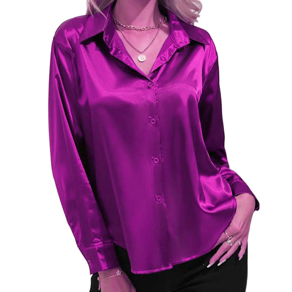 Women Shirts Silk Solid Plain Purple Green White Black Red Blue Pink Yellow Gold Blouses Long Sleeve Tops Barry Wang MartLion 521 S 