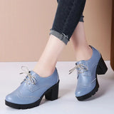 Women Pumps Shoes T High Heels Brogue High Square Heel Genuine Leather Wedge Richelieu MartLion   