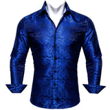Luxury Shirts Men's Silk Embroidered Blue Paisley Flower Long Sleeve Slim Fit Blouses Casual Tops Lapel Cloth Barry Wang MartLion 0404 3XL 