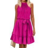Women's Dress Summer Women's Beach Dress Folded Cake Dress Loose Neck Tie Sleeveless Dress Women's Summer Clothing MartLion Rose Red M 