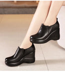 Genuine Leather Women Shoes  Spring Autumn Slip-On High Heels Round Toe Casual Slope Heel Ladies Platform MartLion   