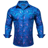 Luxury Shirts Men's Silk Red Green Paisley  Long Sleeve Slim Fit Blouses Button Down Collar Casual Tops Barry Wang MartLion 0465 S 