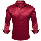 Silk Shirts Men's Red Burgundy Paisley Flower Long Sleeve Slim Fit Blouse Casual Lapel Clothes Tops Streetwear Barry Wang MartLion   