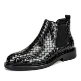 Chelsea Boots Men's Leather Weave Pattern Shoes Slip-on Formal Dress Ankle Mart Lion Black 38 