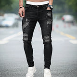 Men Jeans Knee Hole Ripped Stretch Skinny Denim Pants Solid Color Black Blue Summer MartLion JK8846X Black M CHINA