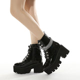 Patent Leather Gothic Black Boots Women Heel Chain Chunky Heel Platform Female Punk Ankle Zipper Goth Mart Lion   