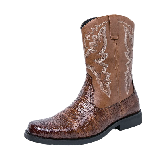  Retro Brown Print Men's Cowboy Boots High Leather Western with Zipper Para Hombre MartLion - Mart Lion