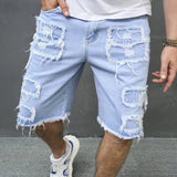 Streetwear Summer Men's Holes Patch Spliced Denim Shorts Stylish Solid Casual Straight Jean Five-point Pants MartLion 519-P XXL 