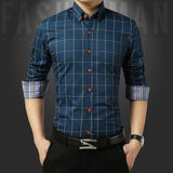 Autumn  Men's Social Shirt Slim Fit Long Sleeve Plaid Cotton Casual Brand Clothes Mart Lion Lake Blue M 