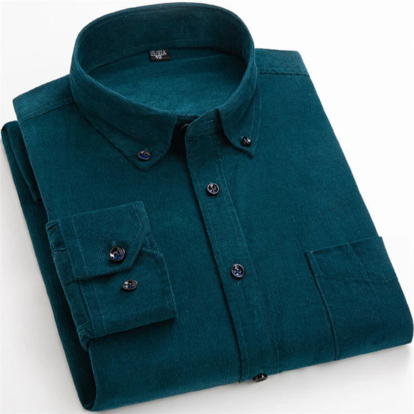 Long Sleeve Casual Shirt Men Cotton Corduroy Solid Color Winter Warm Shirts MartLion   