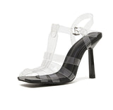 Liyke Black PVC Transparent Women Pumps Sandals Stiletto Square Toe Buckle Strap High Heels Dress Shoes Mart Lion   