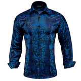 Silk Navy Blue Men's Shirts Long Sleeve Single Breasted Windsor Collar Casual Blouse Outerwear Wedding MartLion CY-1013 S 