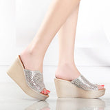 Silver Rhinestone Floral Wedding Shoes Women High Heels Summer Chunky Platform Wedges Slippers Office MartLion Silver 4.5 