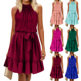 Women's Dress Summer Women's Beach Dress Folded Cake Dress Loose Neck Tie Sleeveless Dress Women's Summer Clothing MartLion   