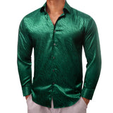 Luxury Shirts Men's Silk Satin Green Long Sleeve Slim Fit Blouses Button Down Collar Tops Breathable Clothing MartLion 0676 S 