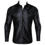 Barry Wang Luxury Black Paisley Silk Shirts Men's Long Sleeve Casual Flower Silver Shirts Designer Fit Dress MartLion CY-0063 S 