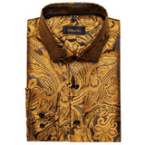 Gold Paisley Silk Shirts Men's Long Sleeve Luxury Tuxedo Wedding Party Clothing MartLion   