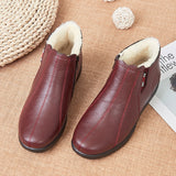 Winter Women Casual Shoes PU Leather Sewing Outdoor Warm Cotton Ladies Cotton Leather Boots Flat Mart Lion Wine red 35 
