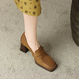 Spring Women Shoes Square Toe High heels Cotton Fabric Chunky Heel Pumps Retro Lattice Belt Buckle MartLion   