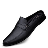 Half Slipper Men's Slippers Black White Genuine Leather Loafers Moccasins Non-slip Driving Casual Shoes MartLion Black 37 