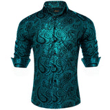 Luxury Paisley Gilding Teal Green Shirts Men's Long Sleeve Spring Autumn Clothing Wedding Prom Social Dress Shirt Blouse MartLion YC-2319 S 