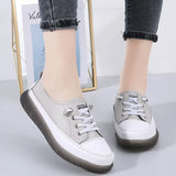 Sport Shoes Women Natural Genuine Leather Flat Casual Ballet Flats Lace Up White Court Sneakers Ladies Flats MartLion   