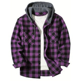 Men's Shirts Classic Plaid Casual Button Down Hooded Long Sleeved Double Pockets Shirt Hoodie Flannel Jacket MartLion PURPLE S 