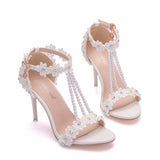 Crystal Queen Women Sandals Flowers Pearl Stilettos Bridal 9cm Evening Party High Heels Bridal Pumps Wedding Shoes MartLion   