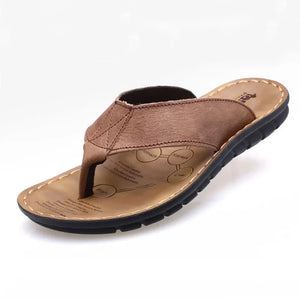 Summer Shoes Men's Slippers Genuine Leather Flip Flops Flat Sandals Holiday Non-slip Black Khaki MartLion Khaki 8.5 