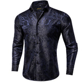 Luxury Blue Black Paisley Silk Shirts Men's Long Sleeve Wedding Party Prom Tuxedo Dress Casual Designer Clothing MartLion   