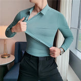  Stretch Anti-Wrinkle Men's Shirts Long Sleeve Dress Slim Fit Social Blouse Striped Shirt MartLion - Mart Lion