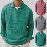 Men's Autumn Linen Neck Long Sleeve Lapel Street Wear T Shirt Solid Color Casual Shirt Blouse Tops Men‘s Vintage Vacation Blouse MartLion   