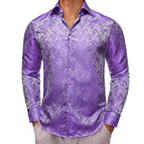 Designer Shirts Men's Silk Long Sleeve Light Purple Silver Paisley Slim Fit Blouses Casual Tops Breathable Barry Wang MartLion 0417 S 