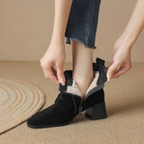 Winter Sheep Suede Women Shoes Square Toe Retro Lace Up Short Boots Chunky Heel High Heel MartLion black-fur 39 