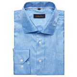Luxury Light Blue Men's Silk Social Shirts Long Sleeve Tuxedo Paisley Solid Shirt and Blouses Clothing MartLion   