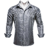 Luxury Shirts Men's Long Sleeve Silk Gold Blue White Black Red Green Purple Silver Paisley Embroidered Casual Blouses Lapel MartLion 0489 S 