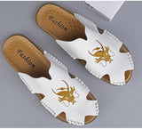 Cow Split Leather Men's Slippers Dragon Embroidery Casual Water Sport Sneakers Beach Flip Flops Outdoor Office Footwear Mart Lion   