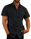 Cotton Linen Men's Short-Sleeved Shirts Summer Solid Color Stand-Up Collar Casual Beach Style Mart Lion BLACK M 