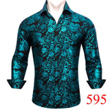 Luxury Shirts Men's Long Sleeve Silk Green Flower Slim Fit Tops Casual Button Down Collar Bloues Breathable Barry Wang MartLion   