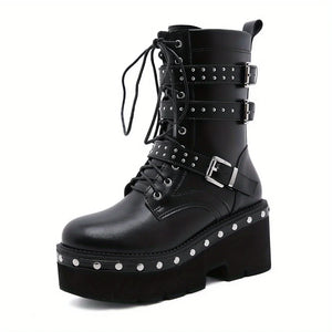 Women's Black Side Zipper Platform Boots Round Toe Lace Up Buckle Shoes MartLion   